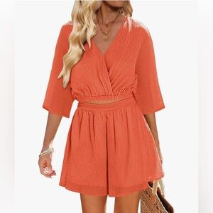 Vetinee 2 Piece Women Summer Textured Crop Tops and Elastic Wasit Flowy Shorts L